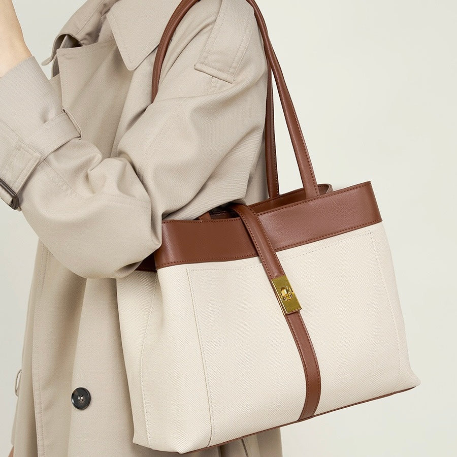 Women's Genuine Leather Two Tone Lock Tote Bag