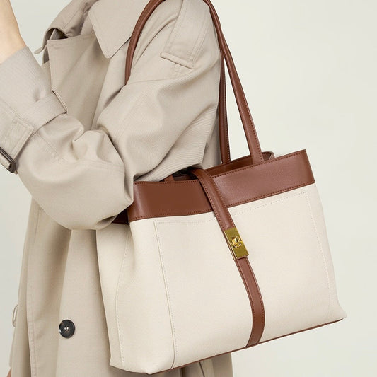 Women's Genuine Leather Two Tone Lock Tote Bag