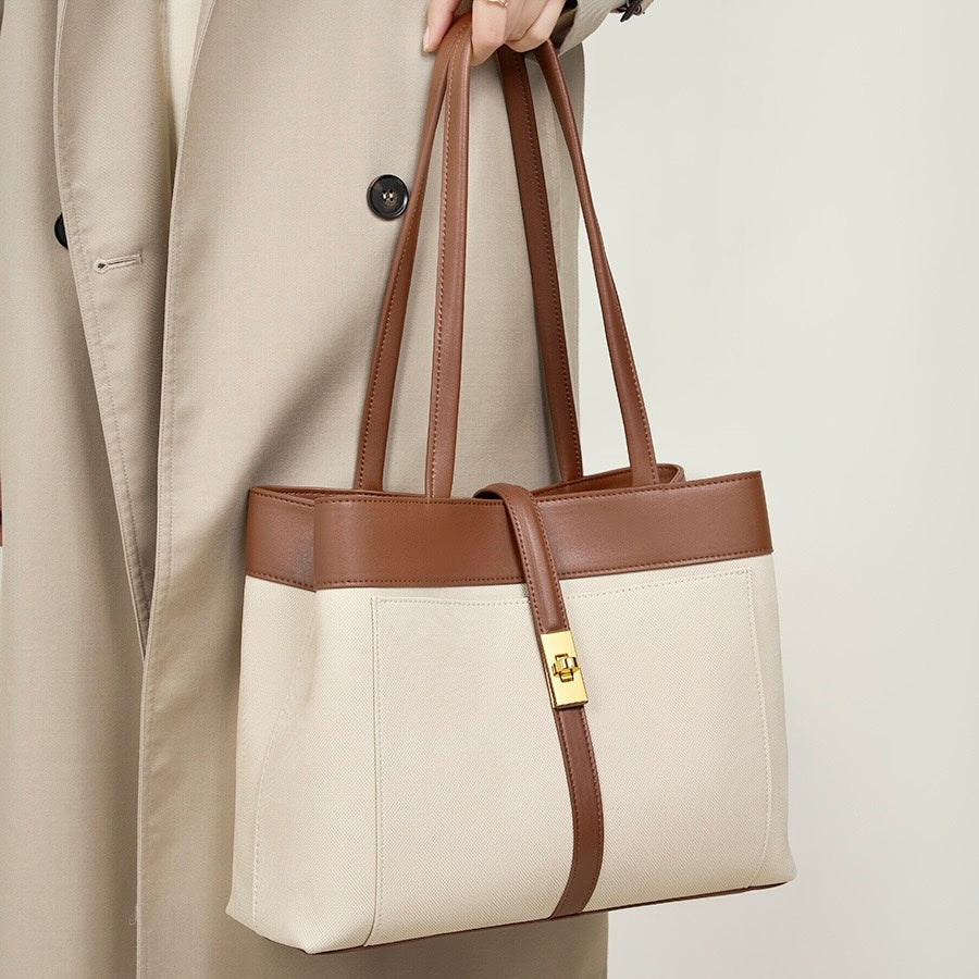 Women's Genuine Leather Two Tone Lock Tote Bag