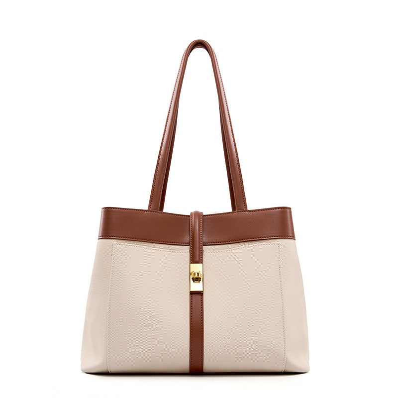 Women's Genuine Leather Two Tone Lock Tote Bag