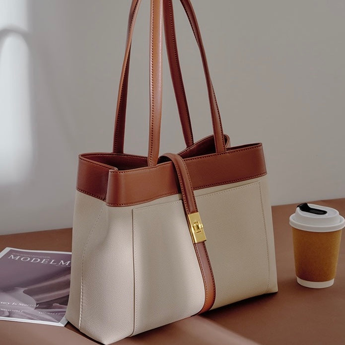 Women's Genuine Leather Two Tone Lock Tote Bag