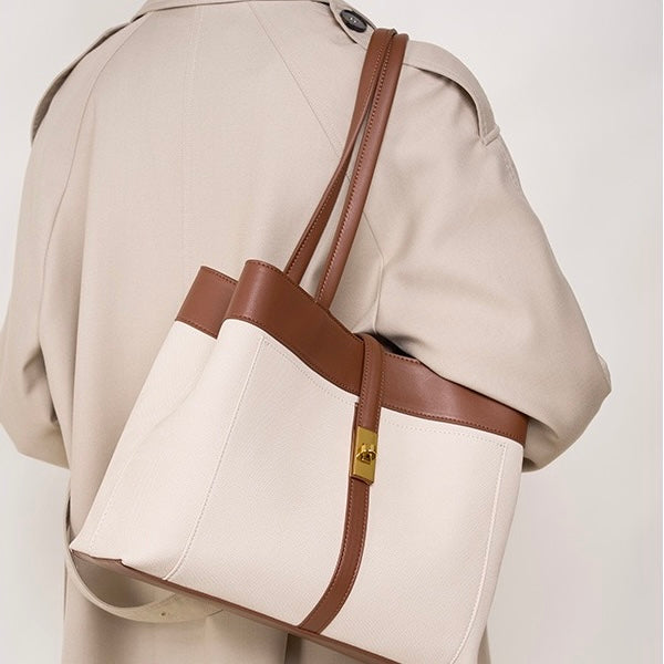 Women's Genuine Leather Two Tone Lock Tote Bag