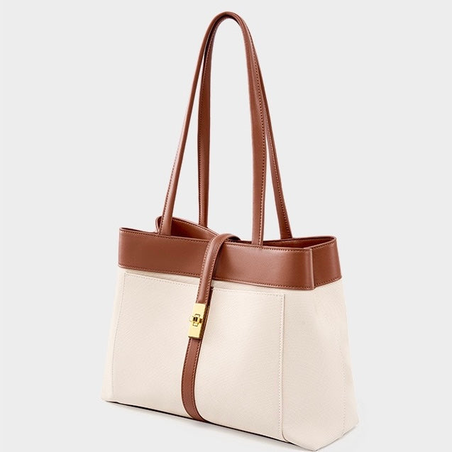 Women's Genuine Leather Two Tone Lock Tote Bag