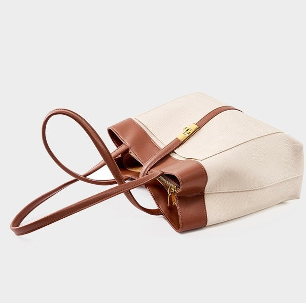Women's Genuine Leather Two Tone Lock Tote Bag