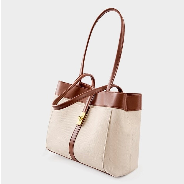 Women's Genuine Leather Two Tone Lock Tote Bag