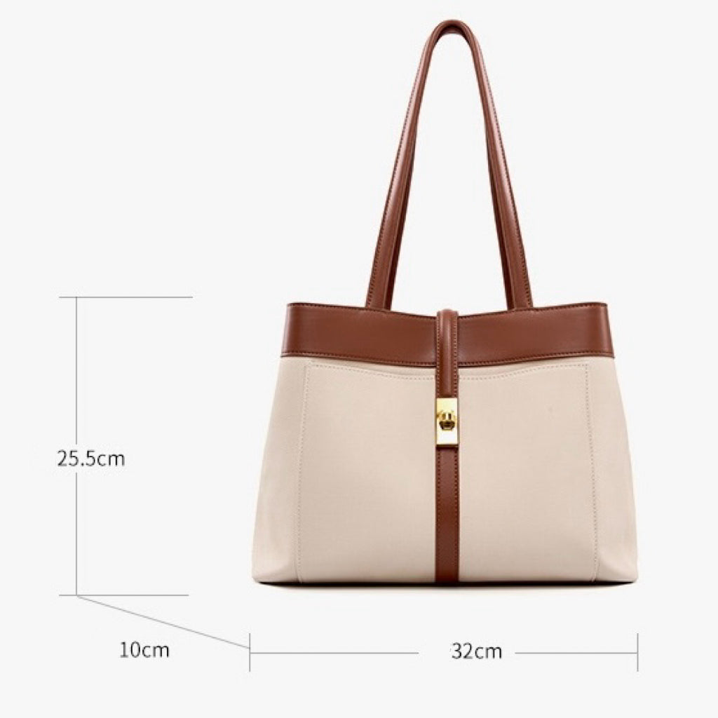 Women's Genuine Leather Two Tone Lock Tote Bag