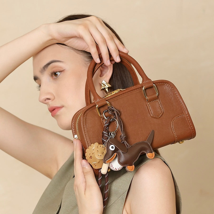 Women's Genuine Leather Boston Handbag with Dachshund Pendant