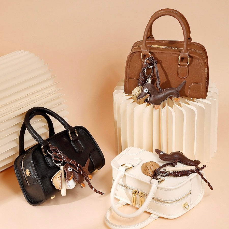 Women's Genuine Leather Boston Handbag with Dachshund Pendant