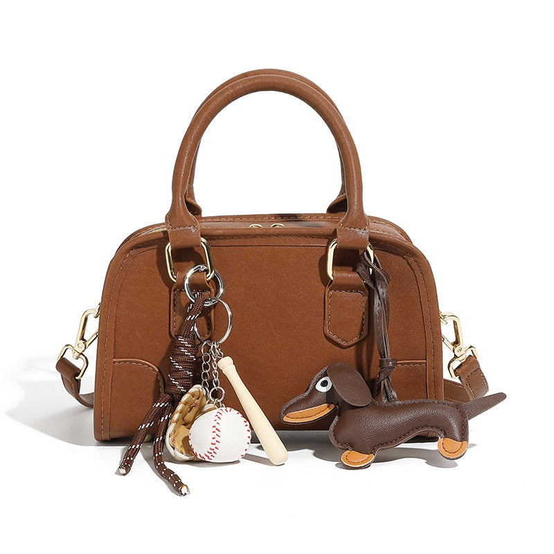 Women's Genuine Leather Boston Handbag with Dachshund Pendant
