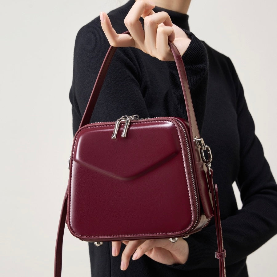 Women's Genuine Leather Trapezoid Top Handle Shoulder Bag