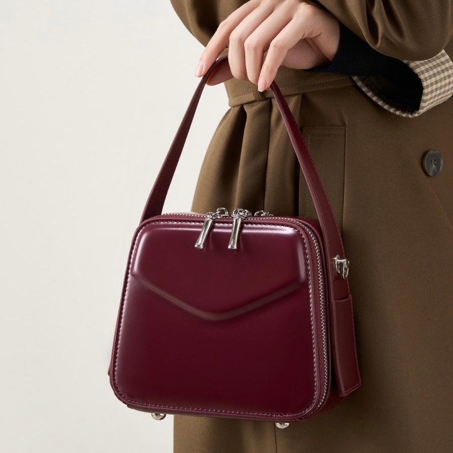 Women's Genuine Leather Trapezoid Top Handle Shoulder Bag