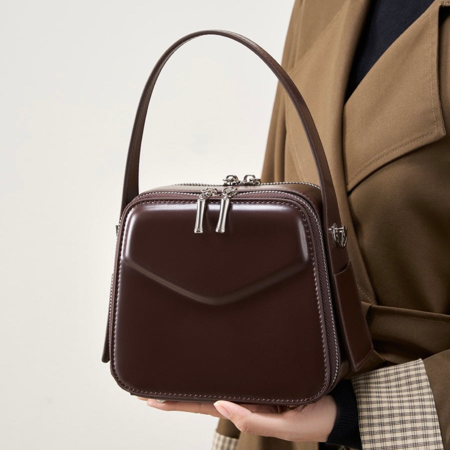 Women's Genuine Leather Trapezoid Top Handle Shoulder Bag