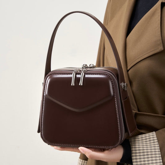 Women's Genuine Leather Trapezoid Top Handle Shoulder Bag