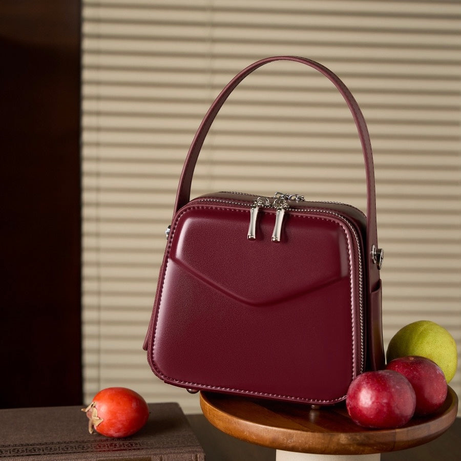 Women's Genuine Leather Trapezoid Top Handle Shoulder Bag
