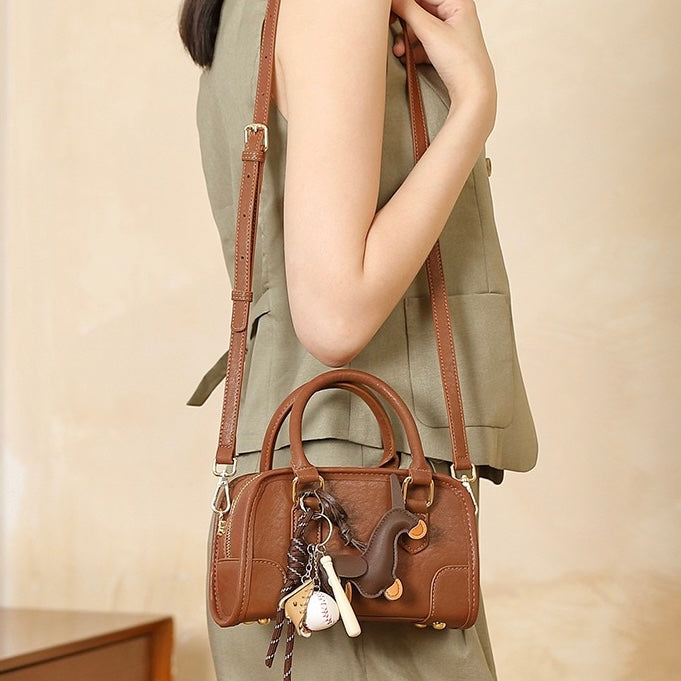 Women's Genuine Leather Boston Handbag with Dachshund Pendant