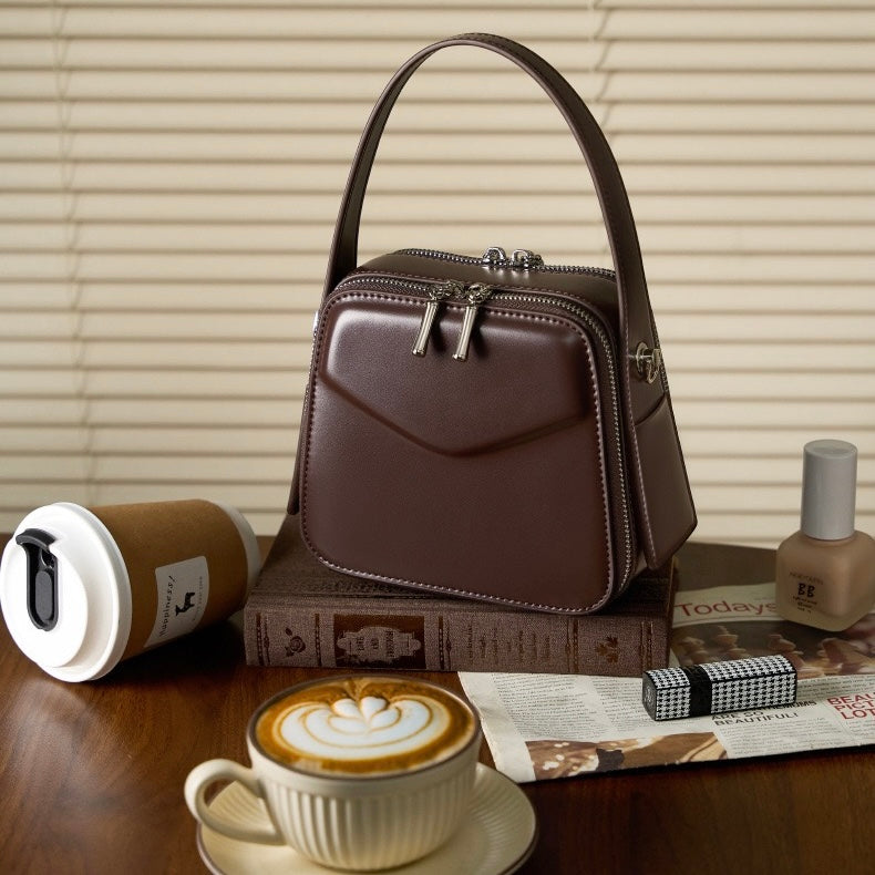 Women's Genuine Leather Trapezoid Top Handle Shoulder Bag