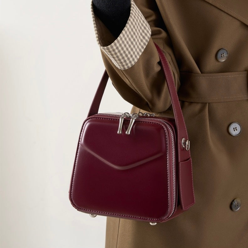 Women's Genuine Leather Trapezoid Top Handle Shoulder Bag