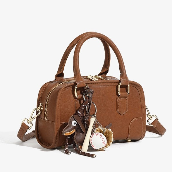 Women's Genuine Leather Boston Handbag with Dachshund Pendant