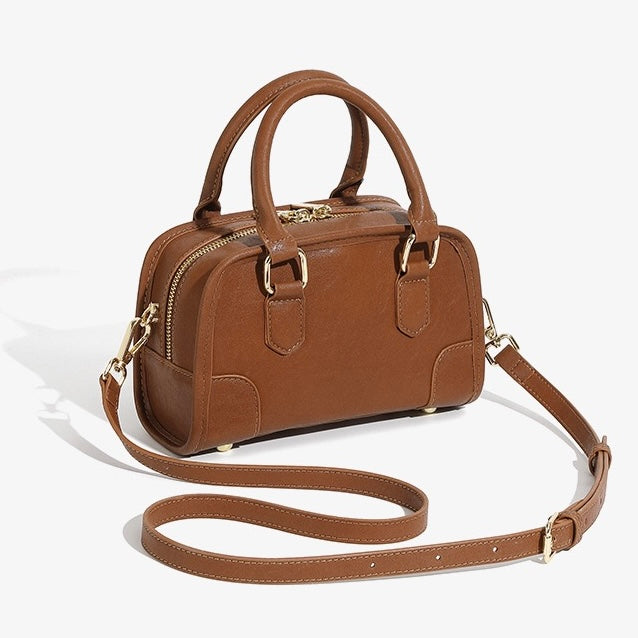 Women's Genuine Leather Boston Handbag with Dachshund Pendant