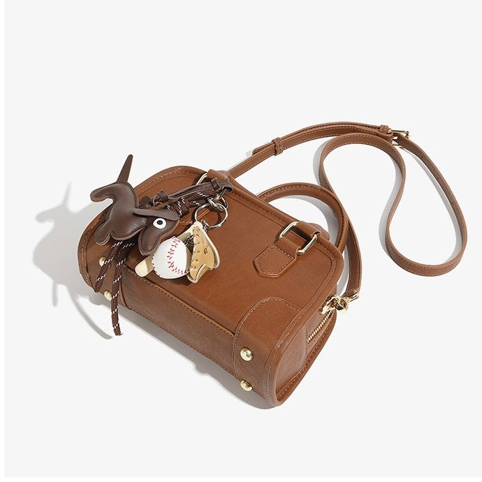 Women's Genuine Leather Boston Handbag with Dachshund Pendant