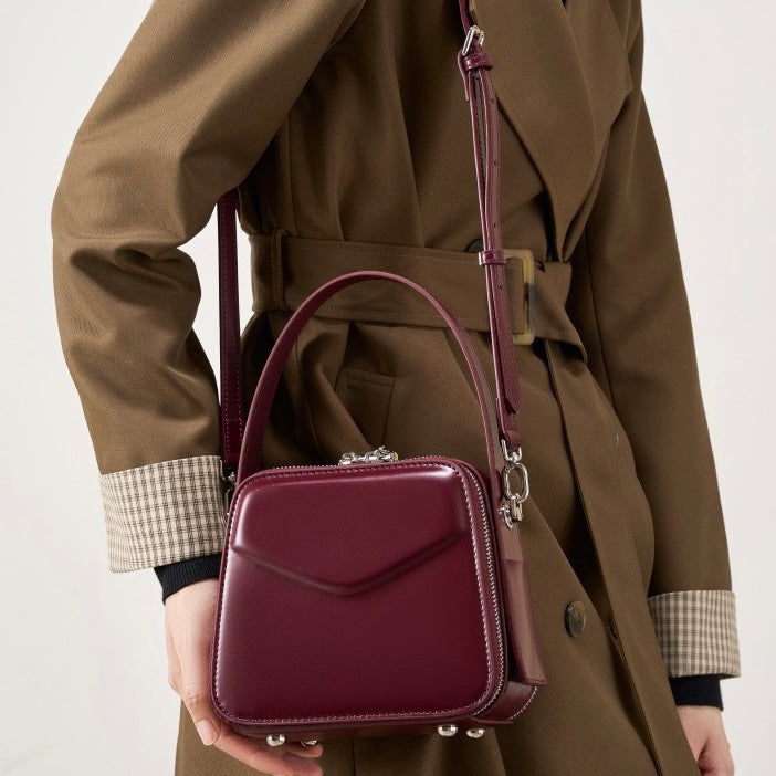 Women's Genuine Leather Trapezoid Top Handle Shoulder Bag