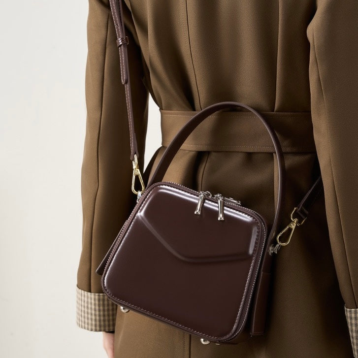 Women's Genuine Leather Trapezoid Top Handle Shoulder Bag