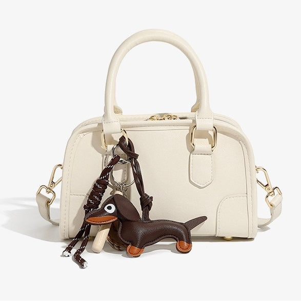 Women's Genuine Leather Boston Handbag with Dachshund Pendant