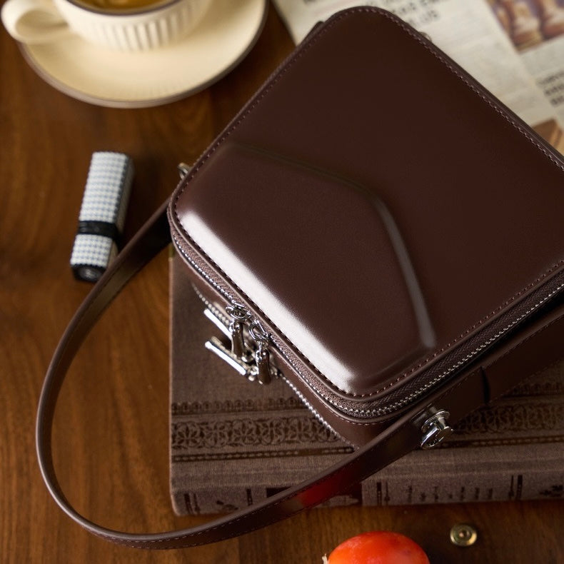 Women's Genuine Leather Trapezoid Top Handle Shoulder Bag