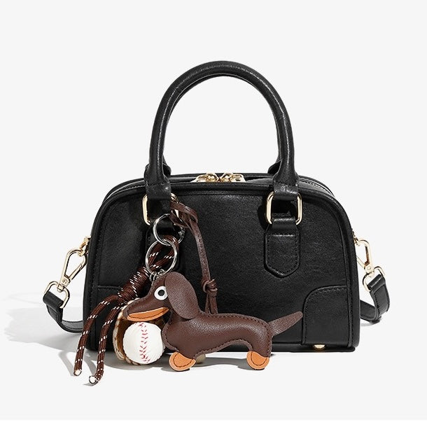 Women's Genuine Leather Boston Handbag with Dachshund Pendant