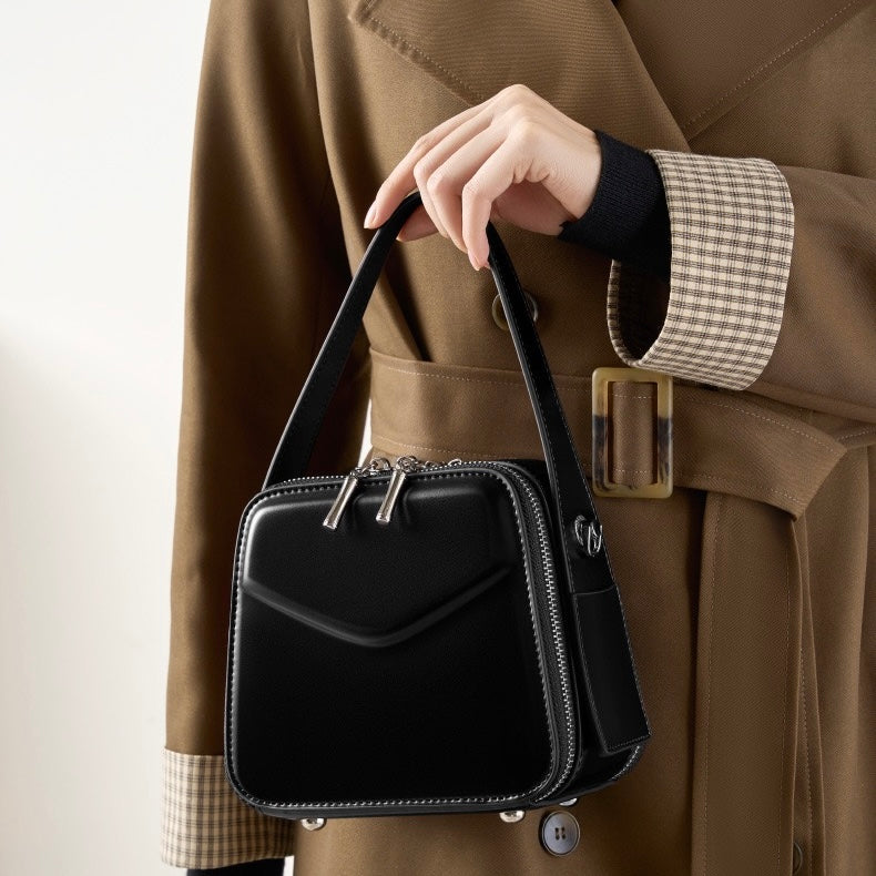 Women's Genuine Leather Trapezoid Top Handle Shoulder Bag
