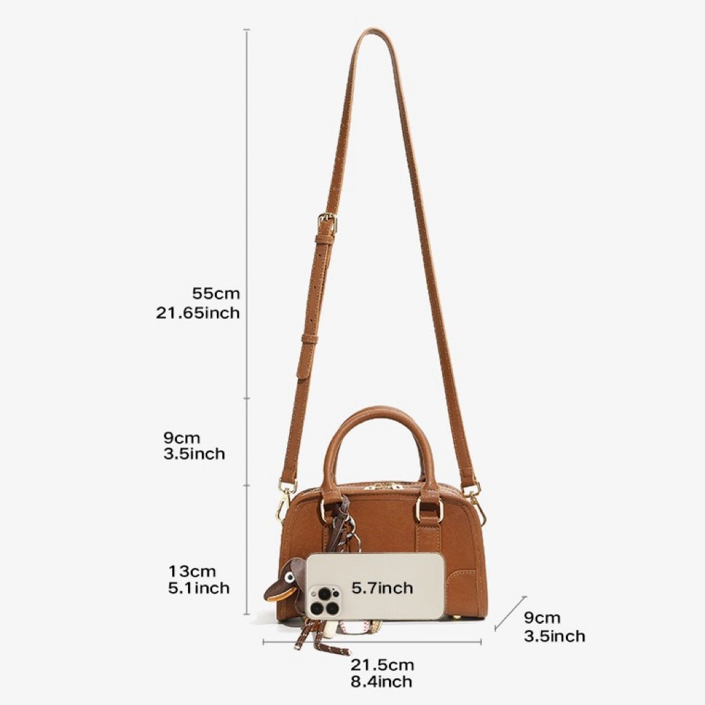Women's Genuine Leather Boston Handbag with Dachshund Pendant