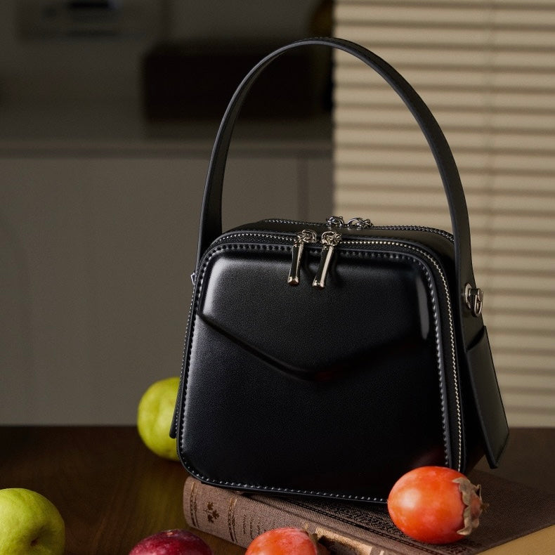 Women's Genuine Leather Trapezoid Top Handle Shoulder Bag