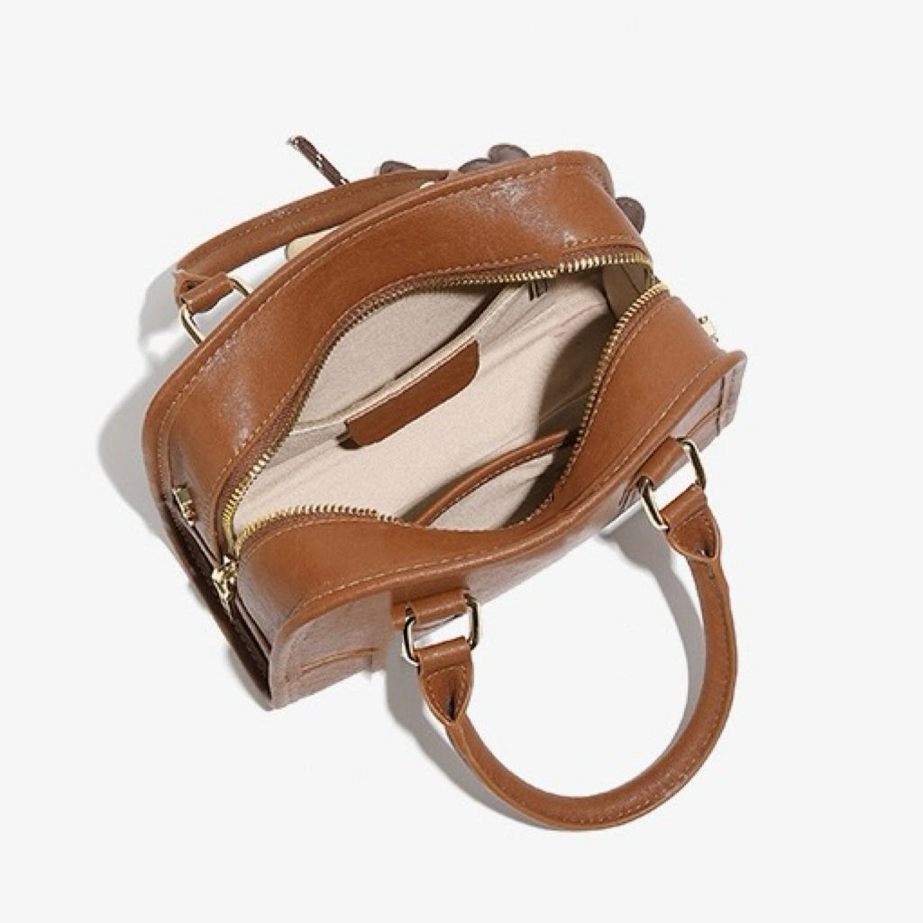 Women's Genuine Leather Boston Handbag with Dachshund Pendant