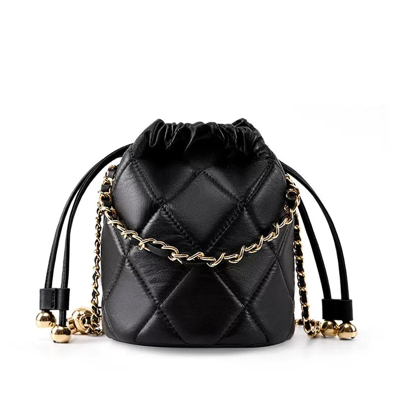 Women's Genuine Leather Bucket Bag with Chain Strap and Drawstring Closure
