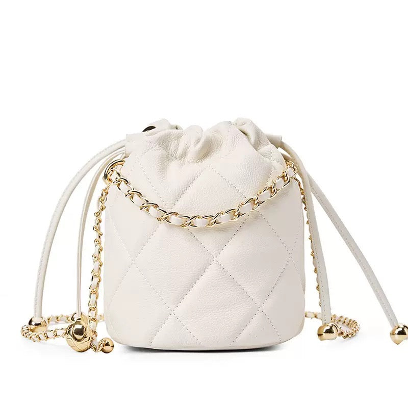 Women's Genuine Leather Bucket Bag with Chain Strap and Drawstring Closure