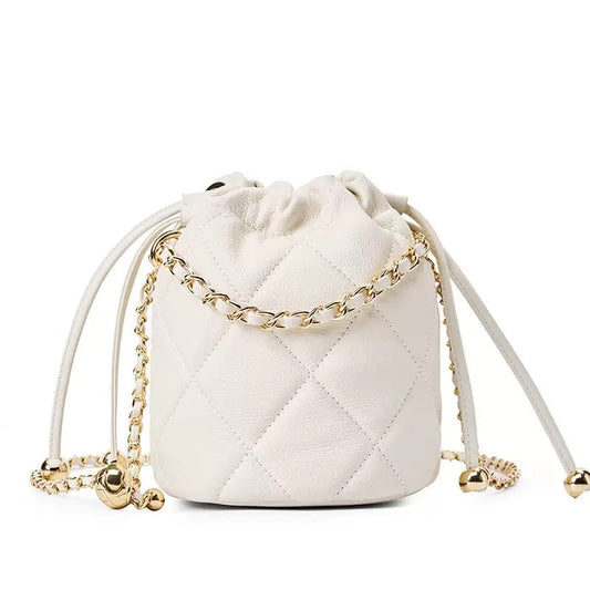 Women's Genuine Leather Bucket Bag with Chain Strap and Drawstring Closure