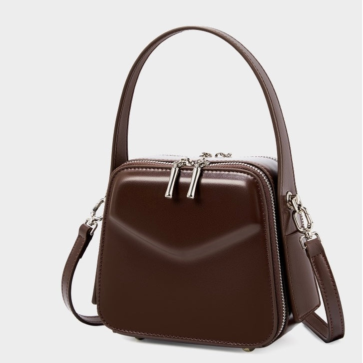 Women's Genuine Leather Trapezoid Top Handle Shoulder Bag
