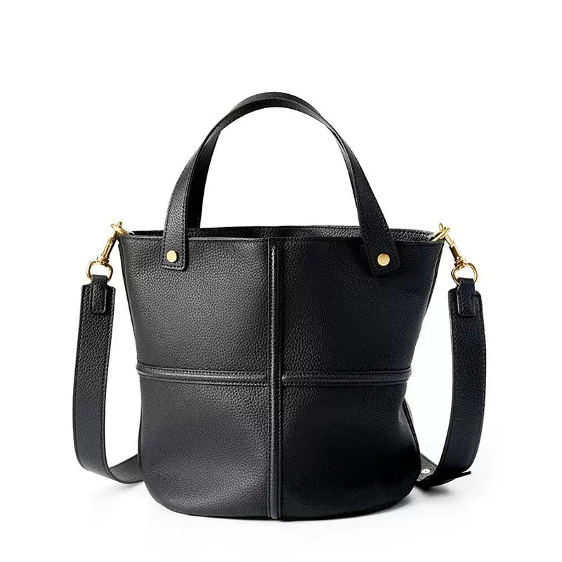 Women's Genuine Leather Large Capacity Bucket Bag with Zipper Closure