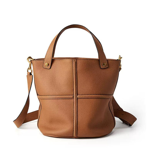 Women's Genuine Leather Large Capacity Bucket Bag with Zipper Closure