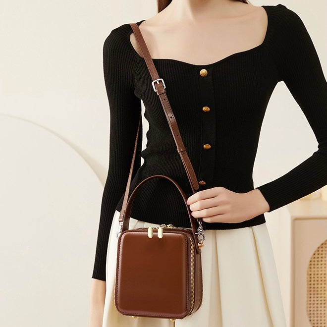Women's Genuine Leather Structured Box Crossbody Handbag