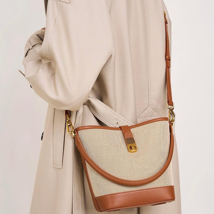 Women's Woven Colorblock Cowhide Shoulder Bucket Bag