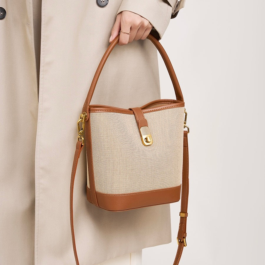 Women's Woven Colorblock Cowhide Shoulder Bucket Bag