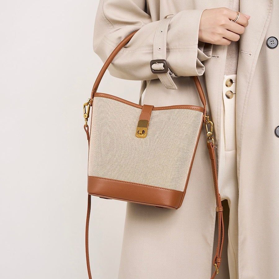 Women's Woven Colorblock Cowhide Shoulder Bucket Bag