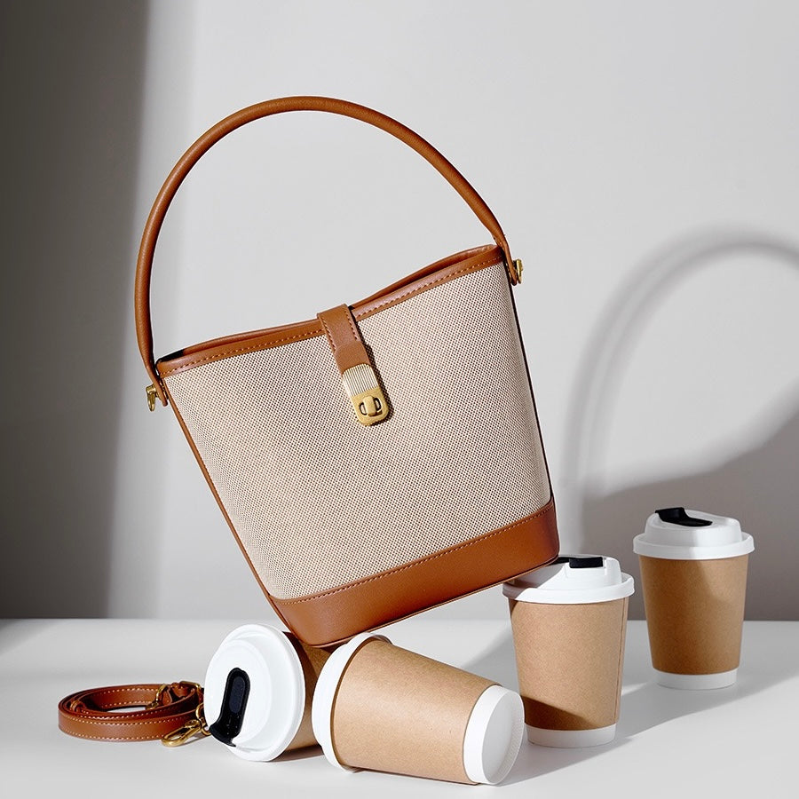 Women's Woven Colorblock Cowhide Shoulder Bucket Bag