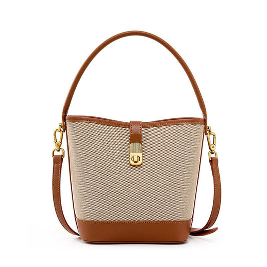 Women's Woven Colorblock Cowhide Shoulder Bucket Bag