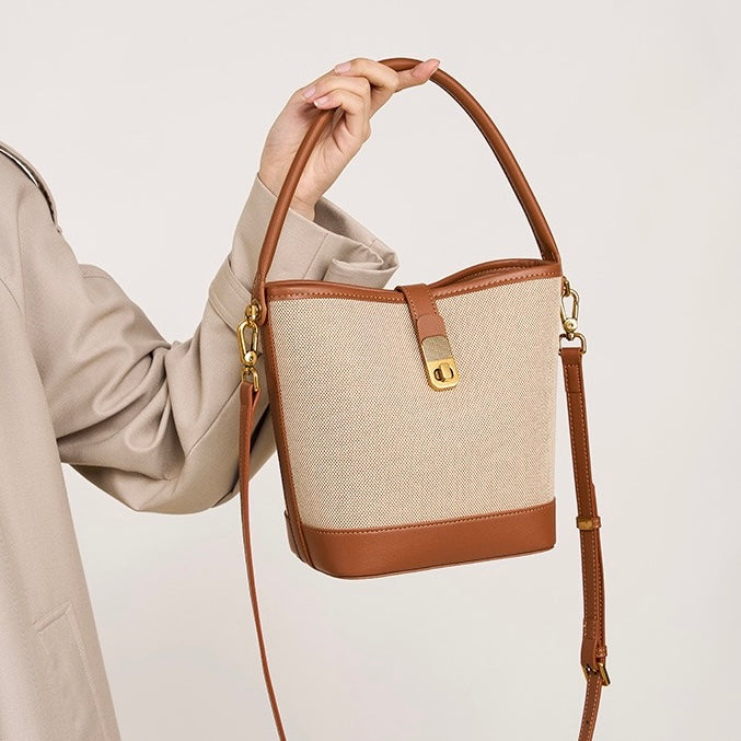 Women's Woven Colorblock Cowhide Shoulder Bucket Bag