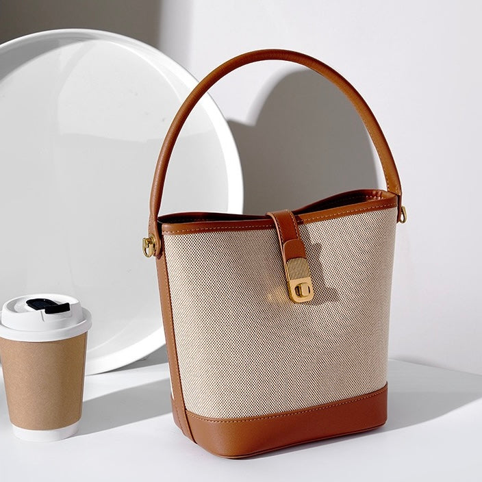 Women's Woven Colorblock Cowhide Shoulder Bucket Bag