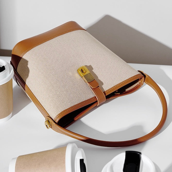 Women's Woven Colorblock Cowhide Shoulder Bucket Bag