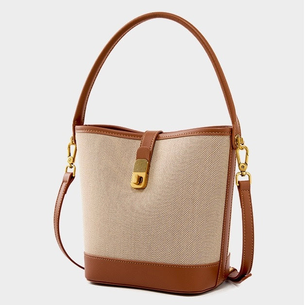 Women's Woven Colorblock Cowhide Shoulder Bucket Bag
