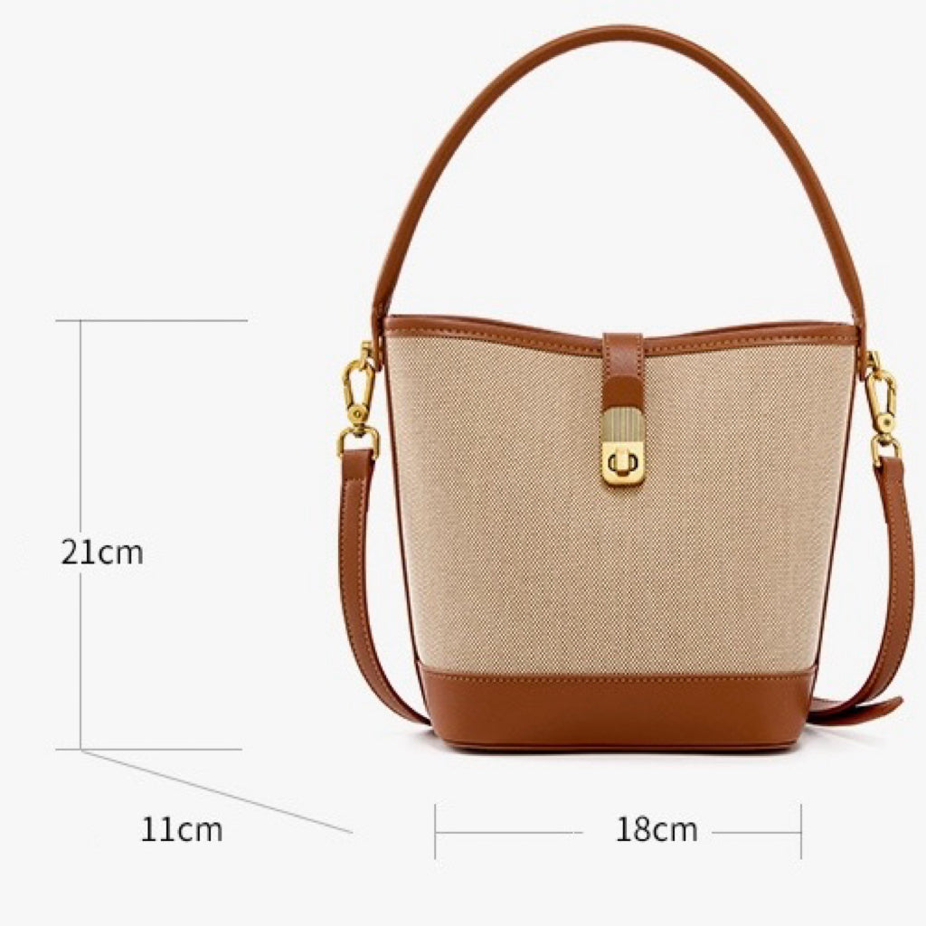 Women's Woven Colorblock Cowhide Shoulder Bucket Bag